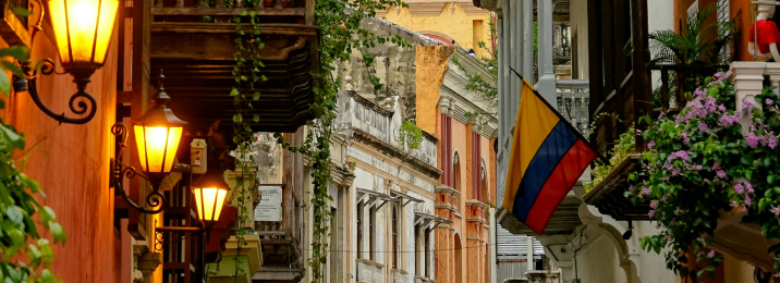 Colombia city street with flag.